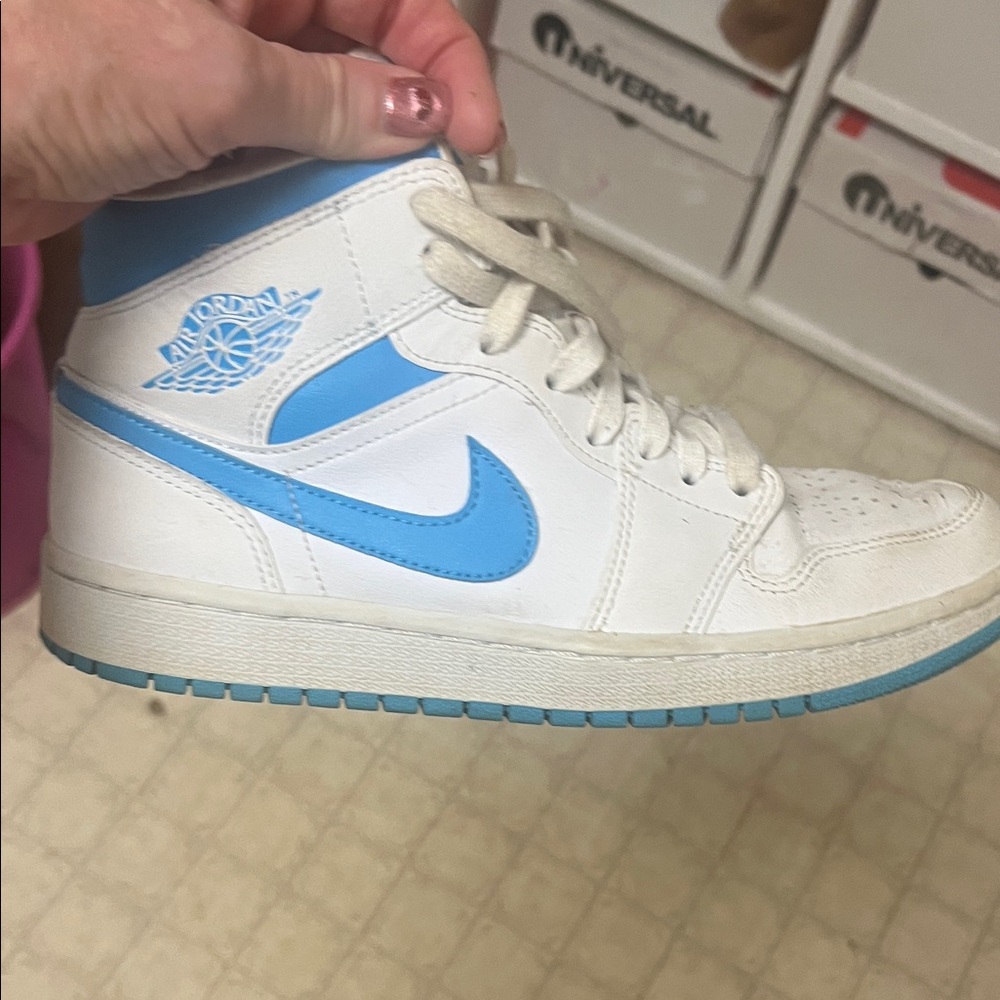 Nike White and Blue High-Tops jordans size 8.